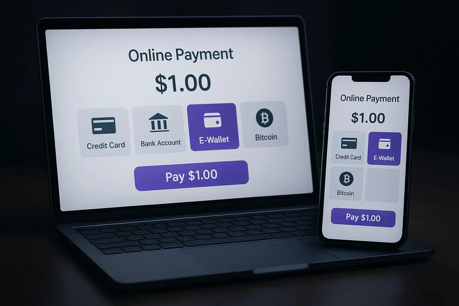 Deposit interface showing e-wallet selection and one-dollar amount