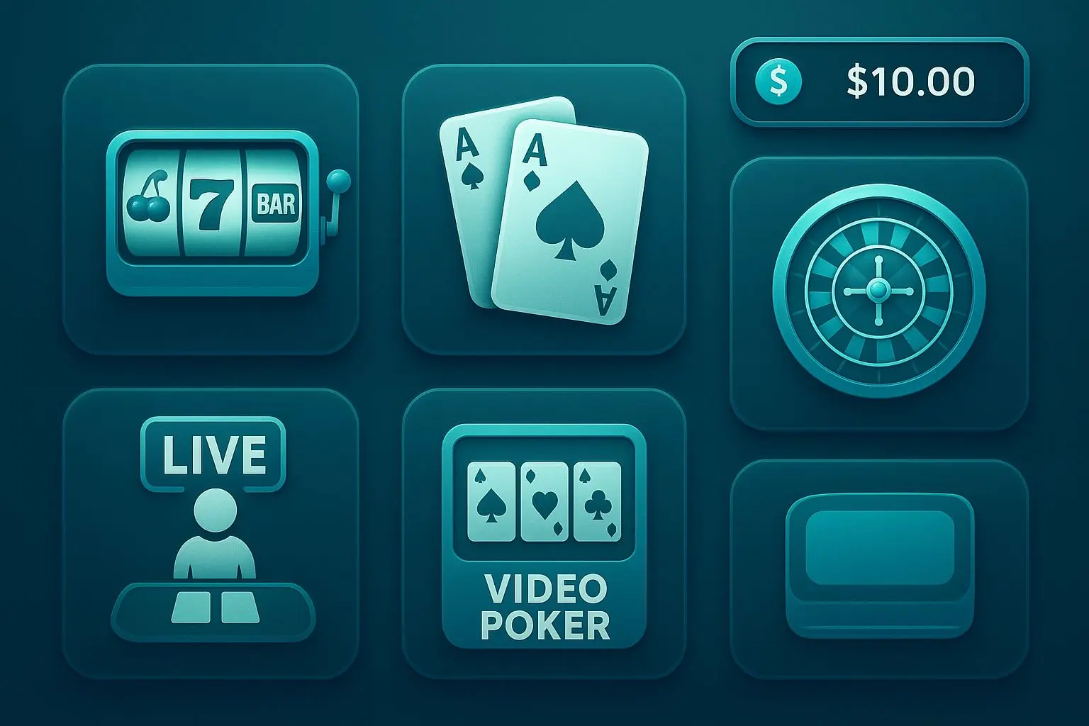 Game icons for slots blackjack roulette and live tables suited to a $10 start