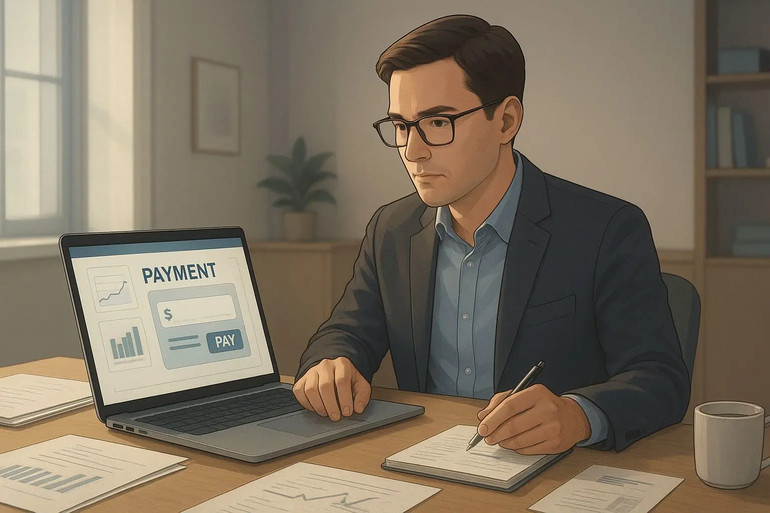 Fictional analyst reviewing digital payment content on a laptop