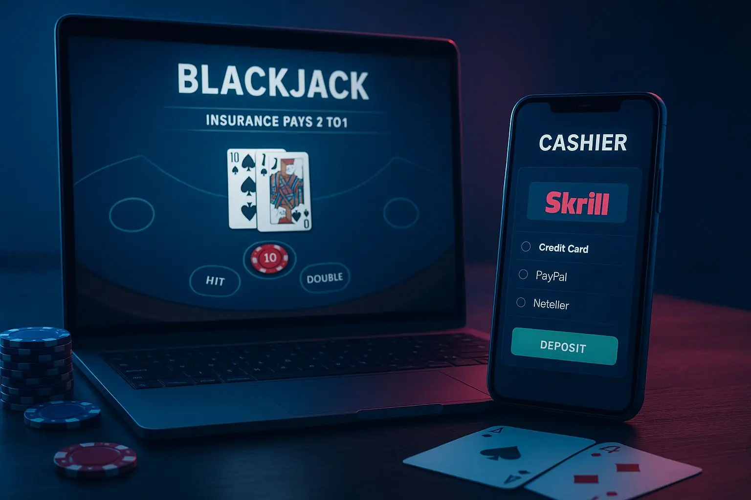 Online blackjack on laptop and phone with Skrill selected for deposit