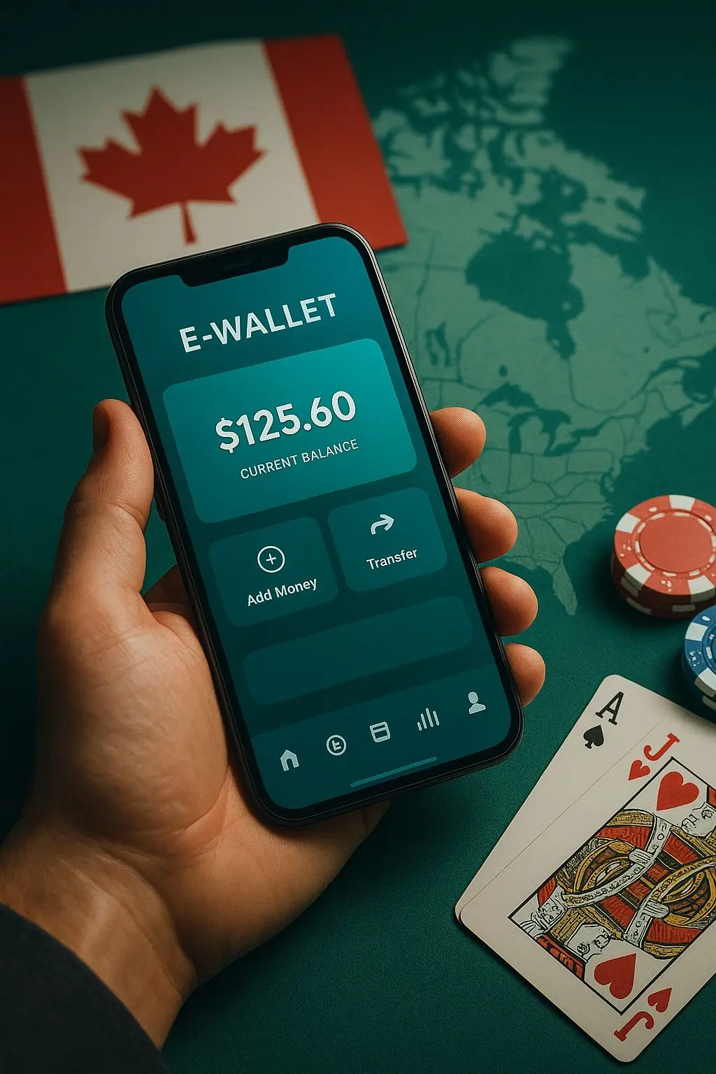 Smartphone e-wallet interface with Canada theme and blackjack cards