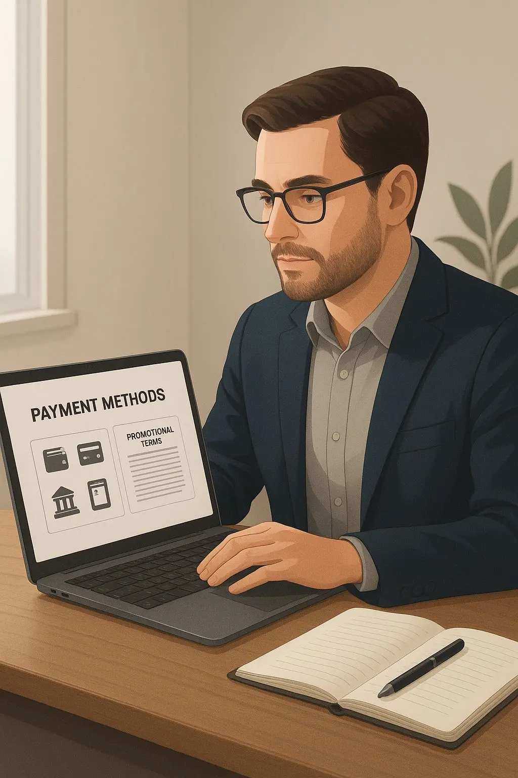 Illustrated iGaming writer reviewing payment methods and bonus terms