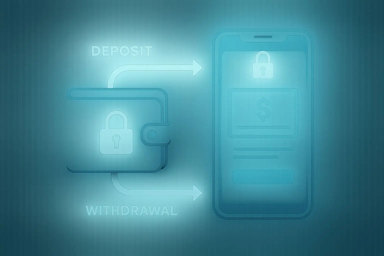 Digital wallet to mobile app money flow with deposit and withdrawal arrows