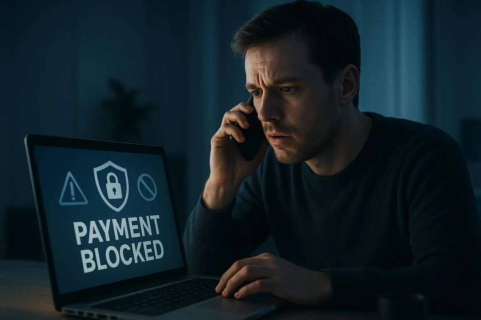 User calling Skrill support about blocked payment and possible fraud