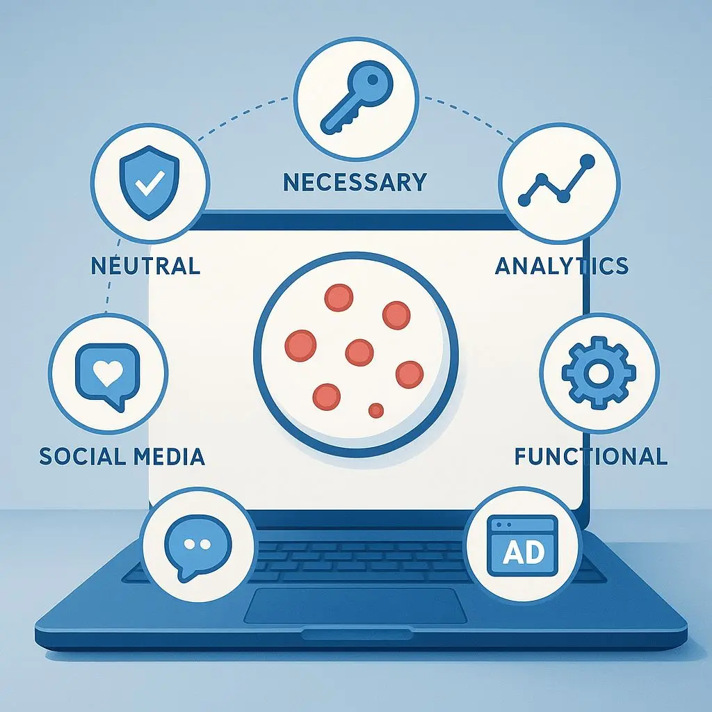 Diagram of website cookie categories around a laptop screen