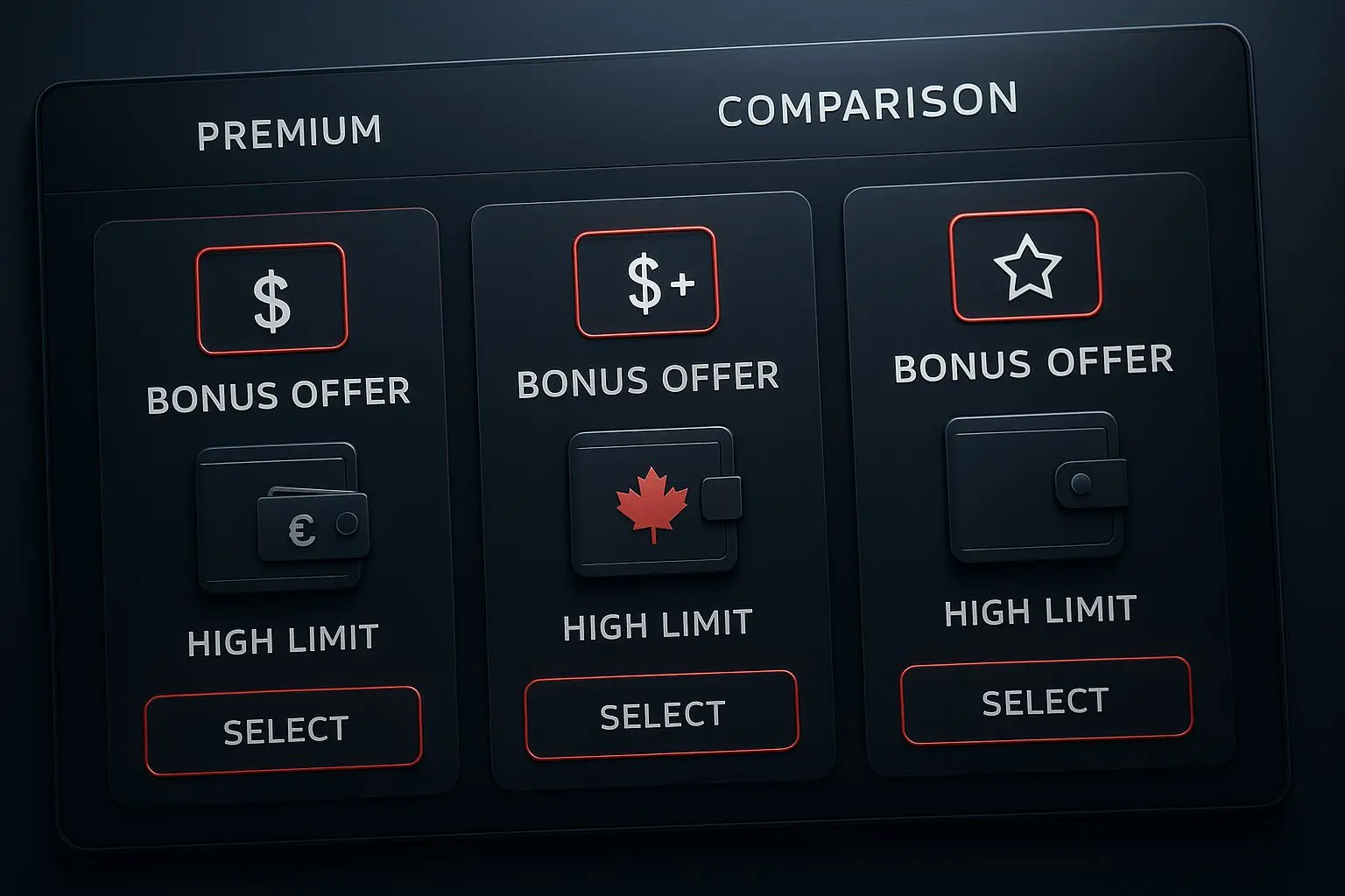 Comparison dashboard of high limit digital wallet bonus offers for Canadian users