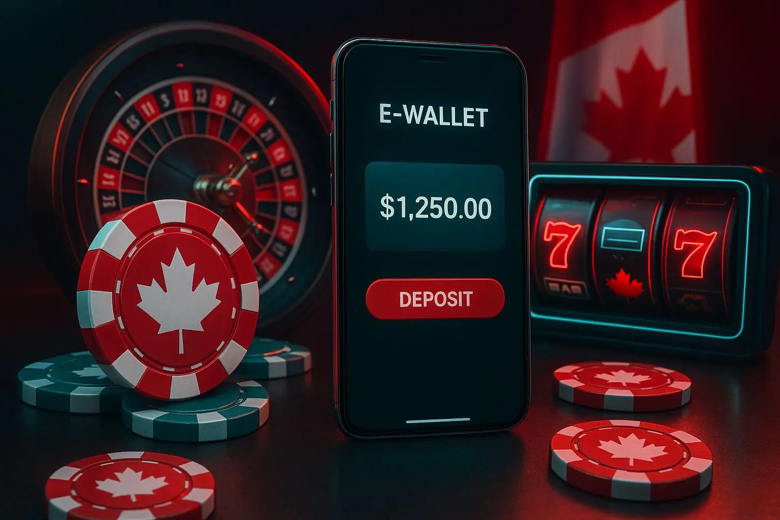 Canadian high roller scene with digital wallet on smartphone and premium chips