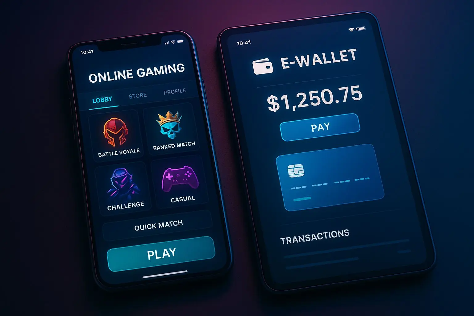 Mobile gaming lobby beside e-wallet app screen