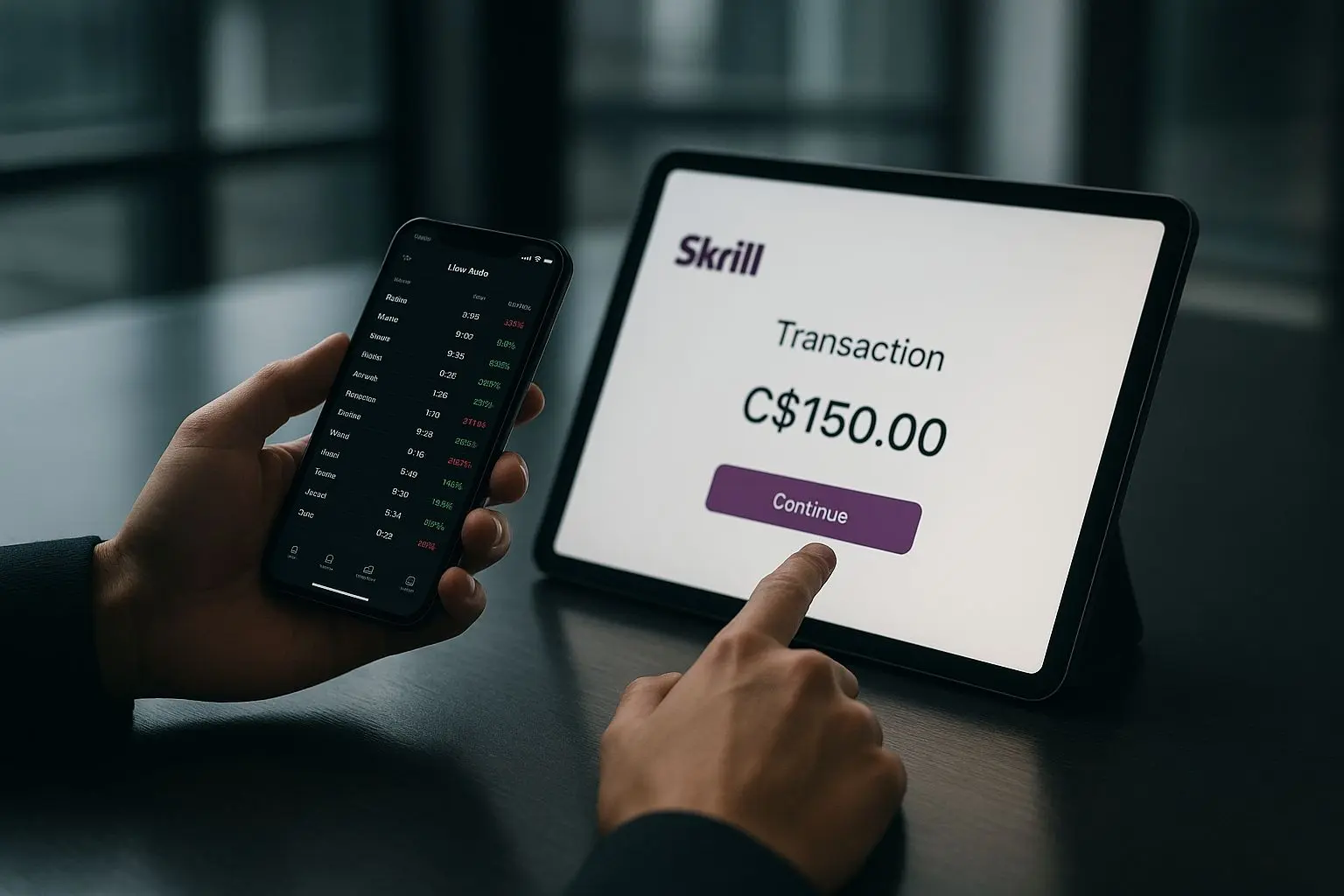 Mobile user accessing a live table and Skrill payment screen