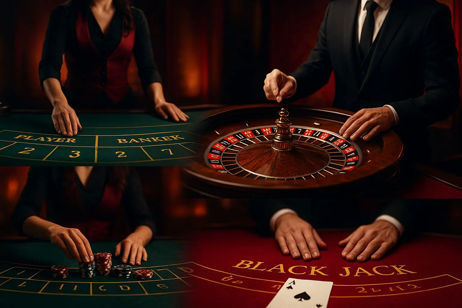 Collage of live roulette, blackjack and baccarat tables