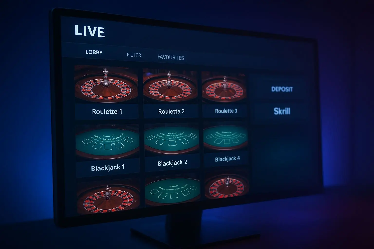 Live gaming lobby with roulette and blackjack tables and Skrill deposit option