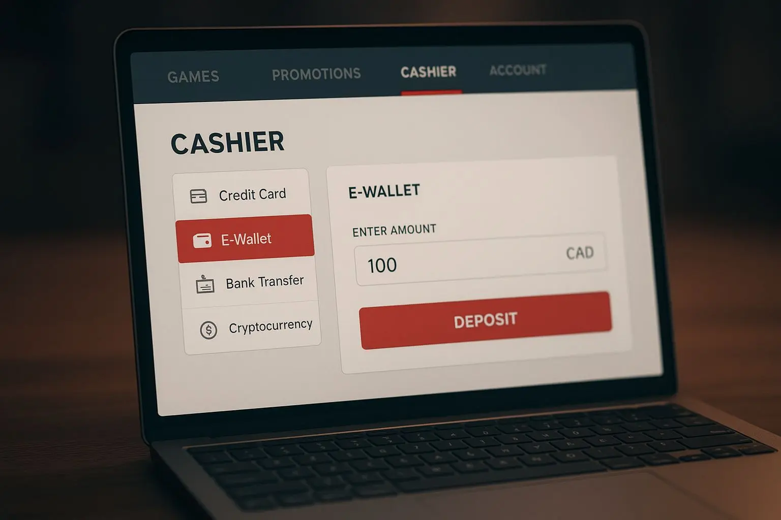 Gaming platform cashier showing e-wallet payment selection and deposit amount form