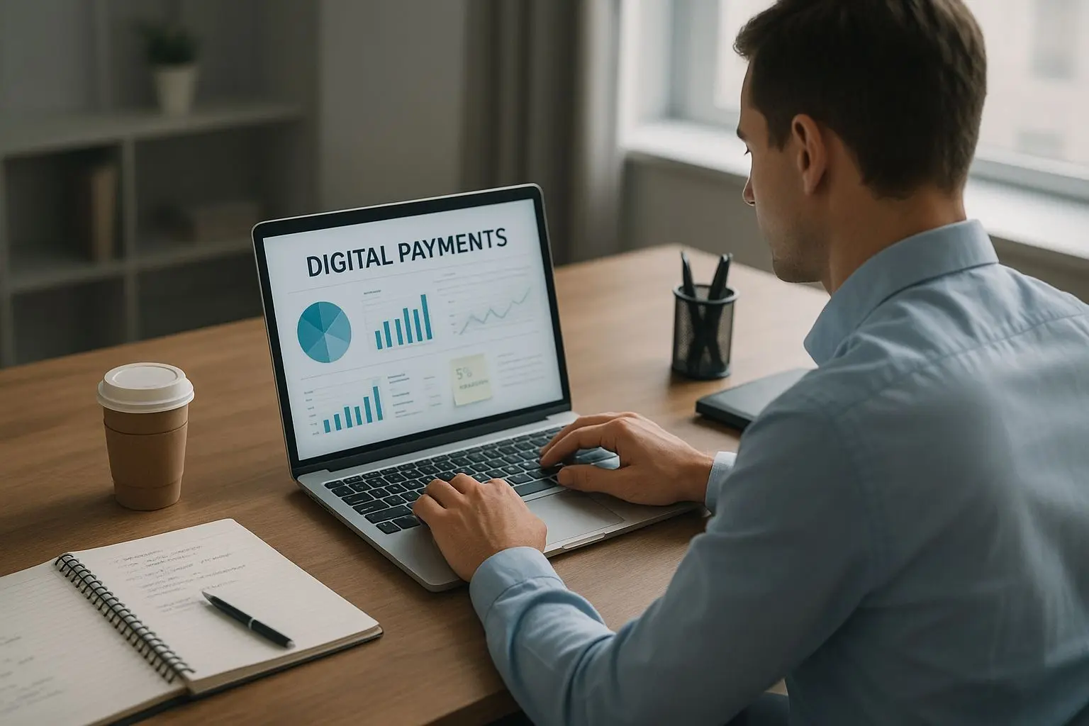 Fictional iGaming payments analyst working on a laptop in a neutral office