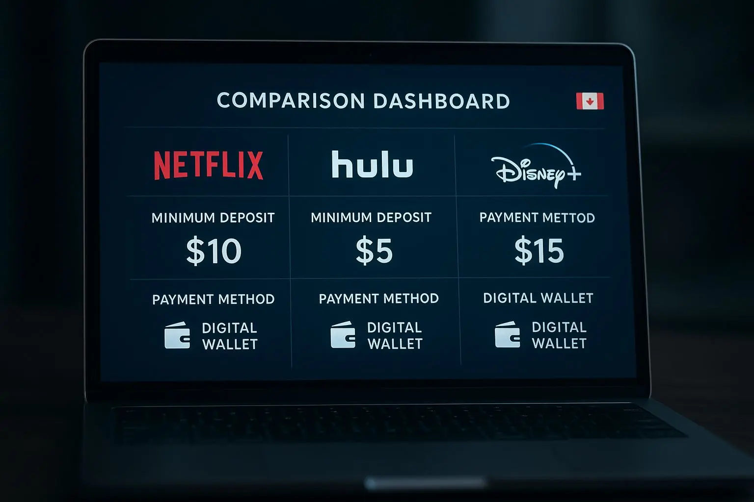 Comparison screen for low minimum deposit sites with digital wallet payments in Canada
