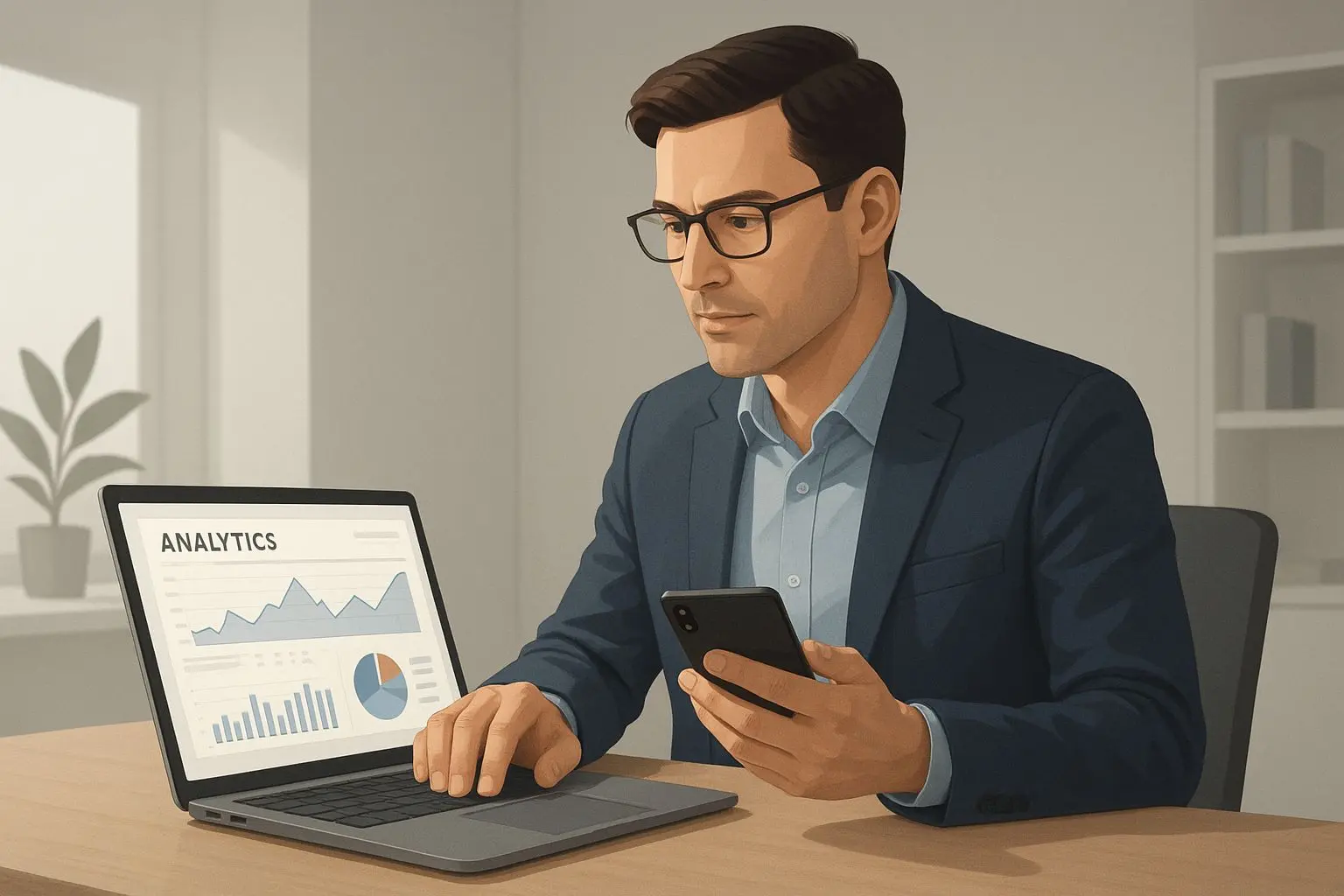 Fictional expert reviewing mobile payment and gaming data on laptop and phone