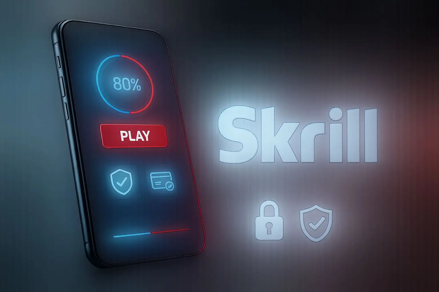 Smartphone payment illustration with Skrill logo and secure mobile play theme