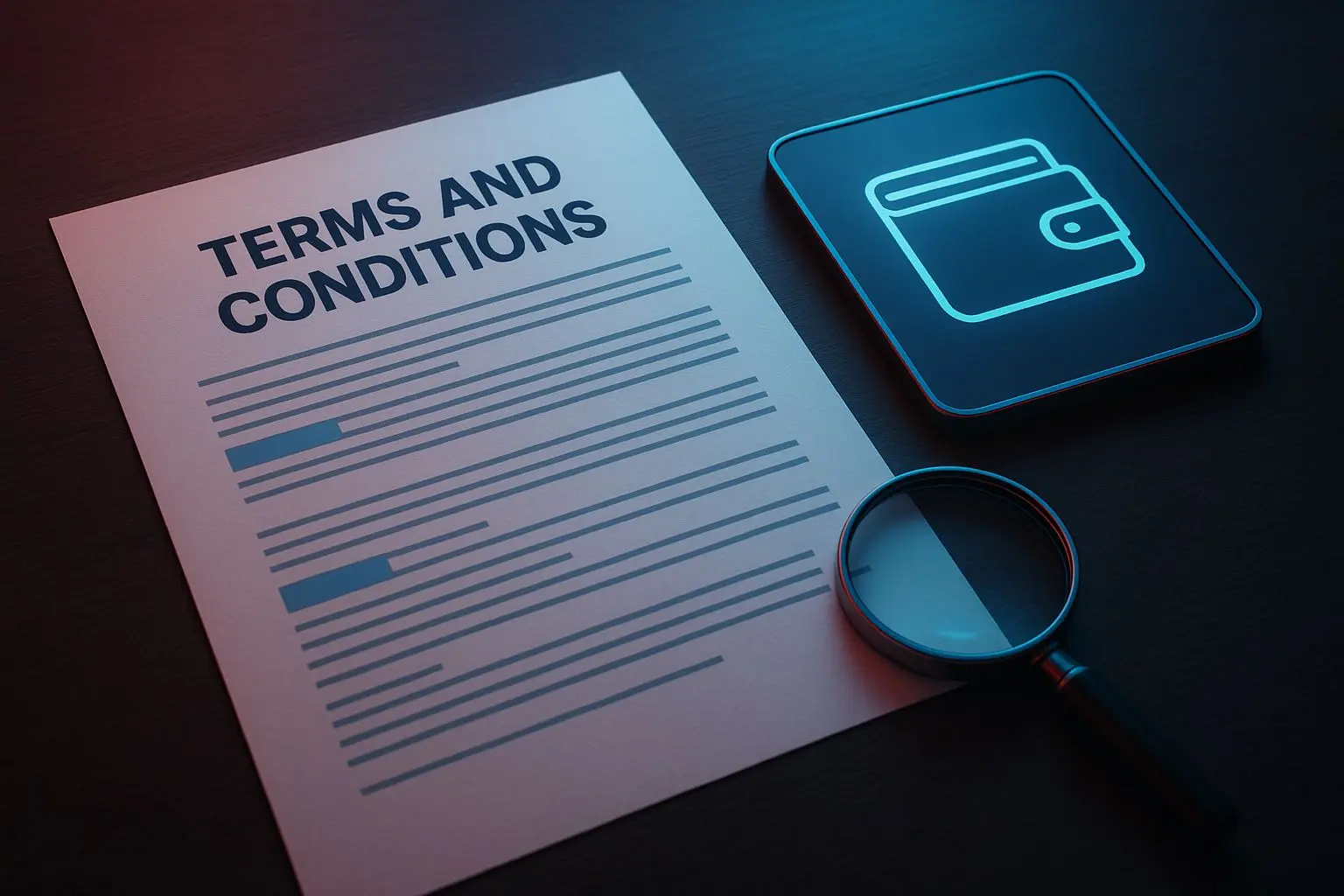 Terms sheet with digital wallet icon and magnifying glass