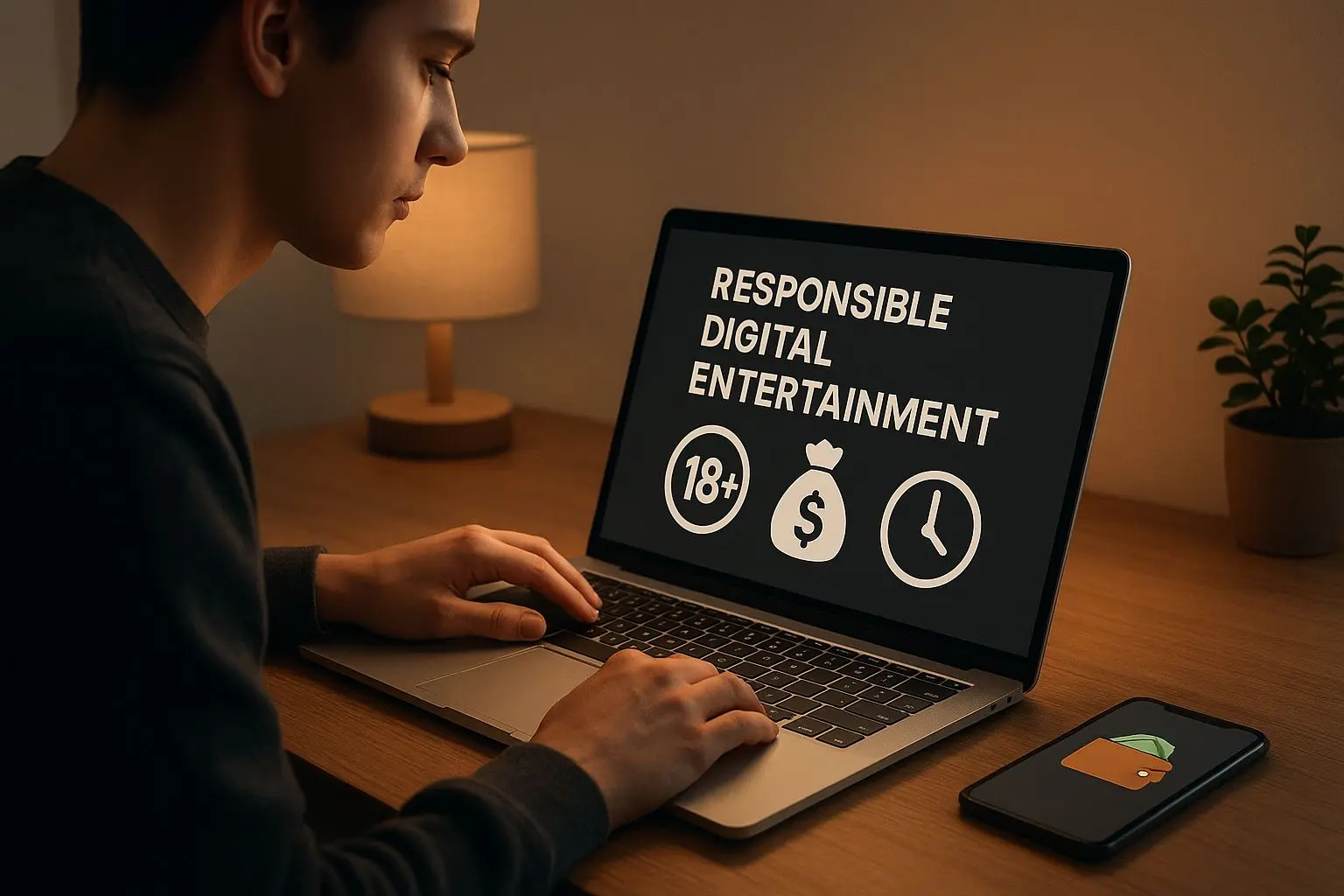 Responsible play setup with laptop, budget icons and wallet app