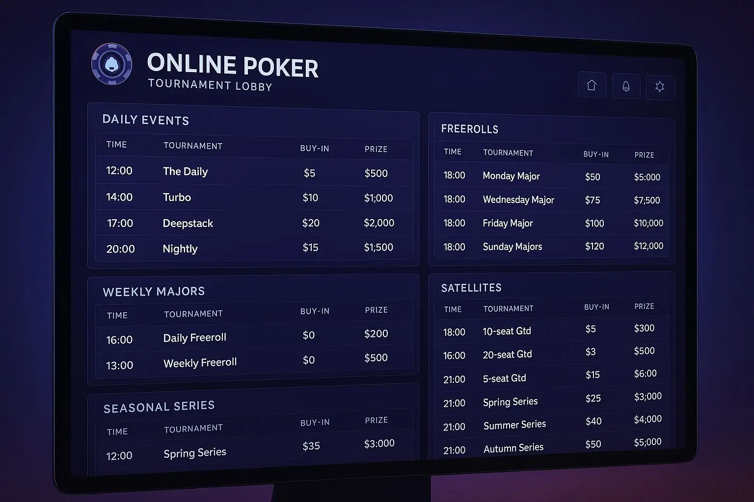 Poker lobby schedule showing different online tournament formats