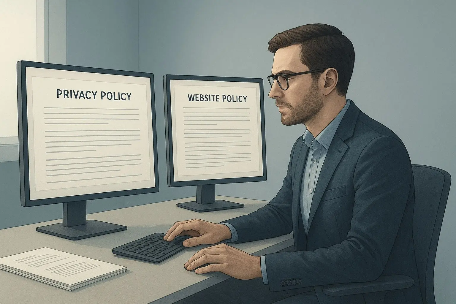 Editorial illustration of a digital privacy expert reviewing website policy