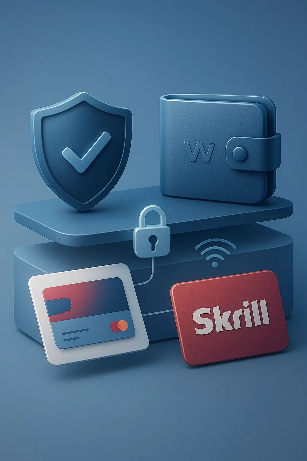 Secure payment illustration with shield, card, and Skrill wallet