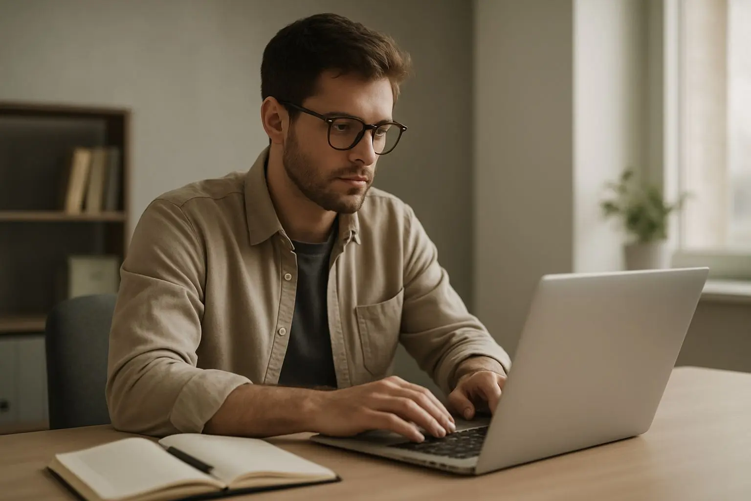 Fictional content writer at laptop in neutral workspace