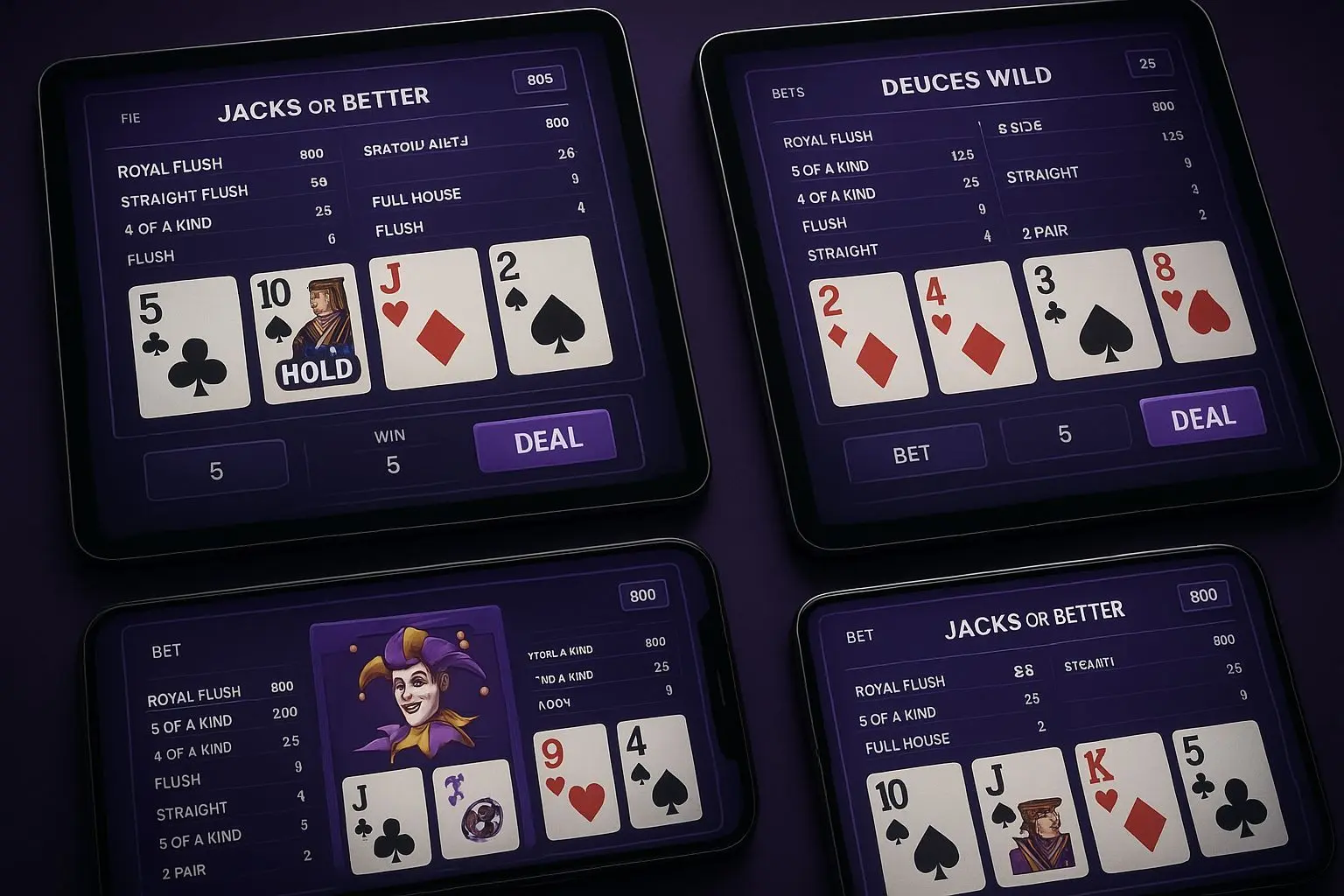 Different online video poker game variants on multiple screens