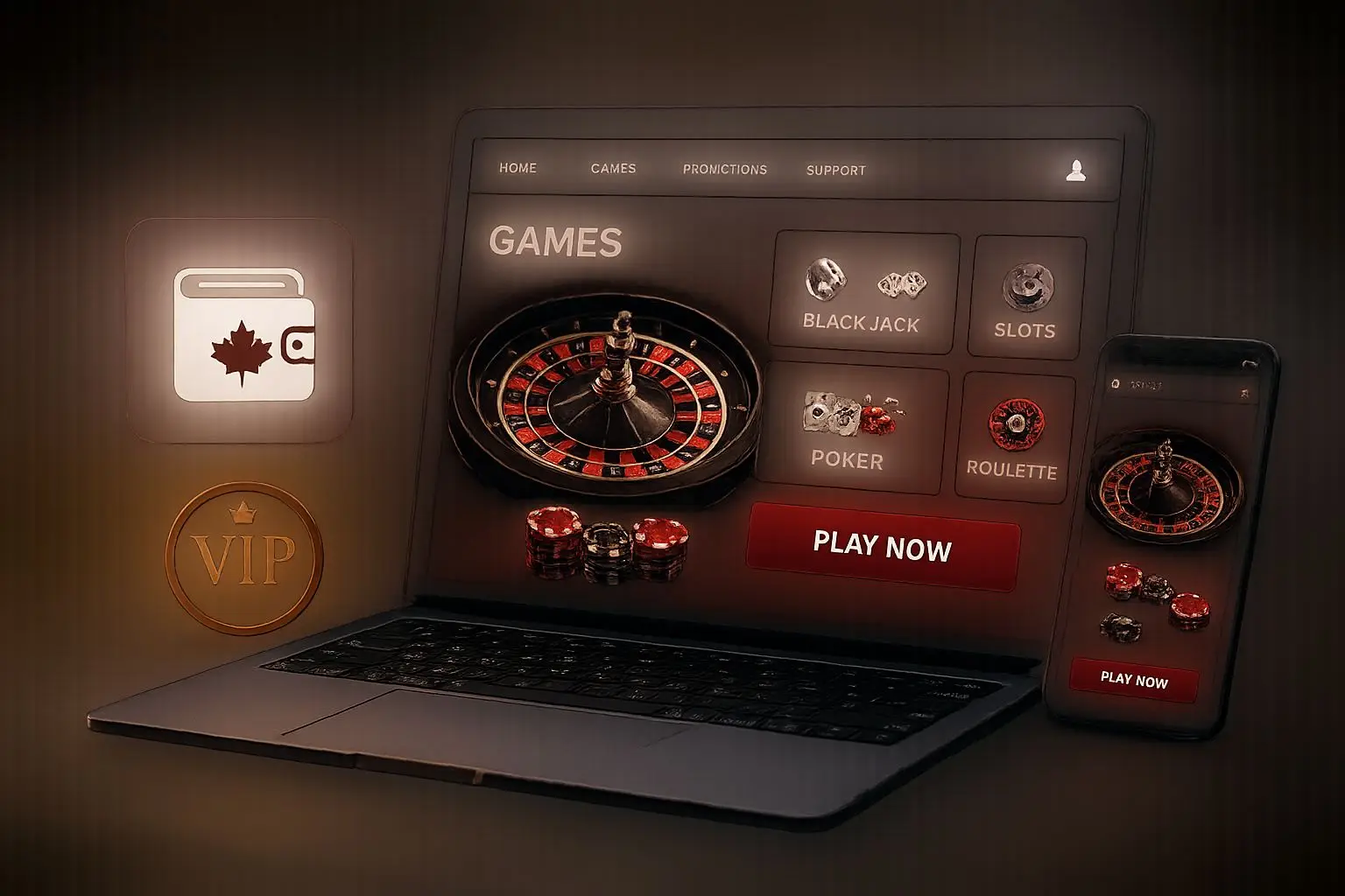 Online gaming interface with digital wallet symbol and VIP elements